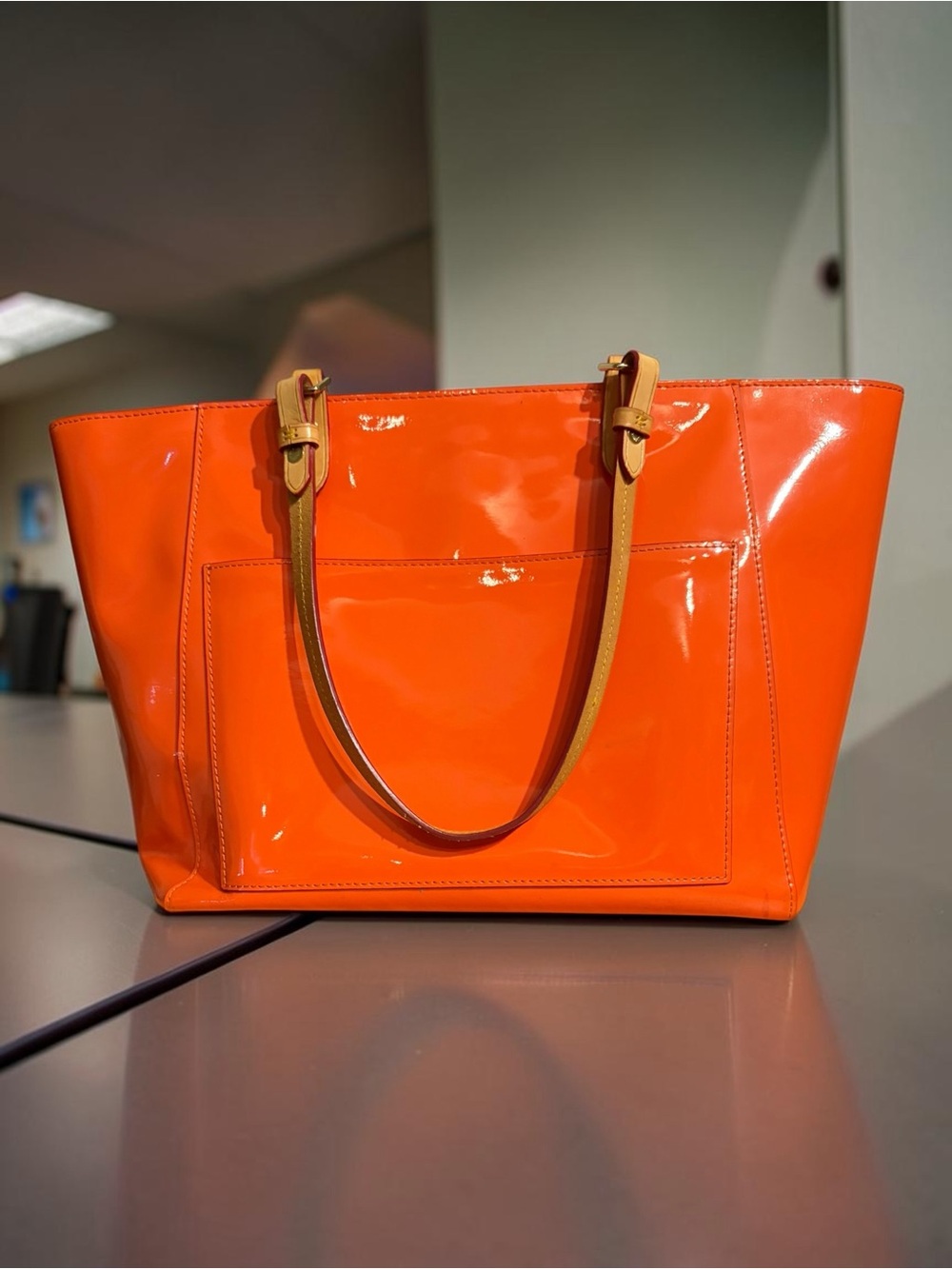 Dooney & Bourke Orange Patent Tote with Tan Straps - Picture 3 of 4